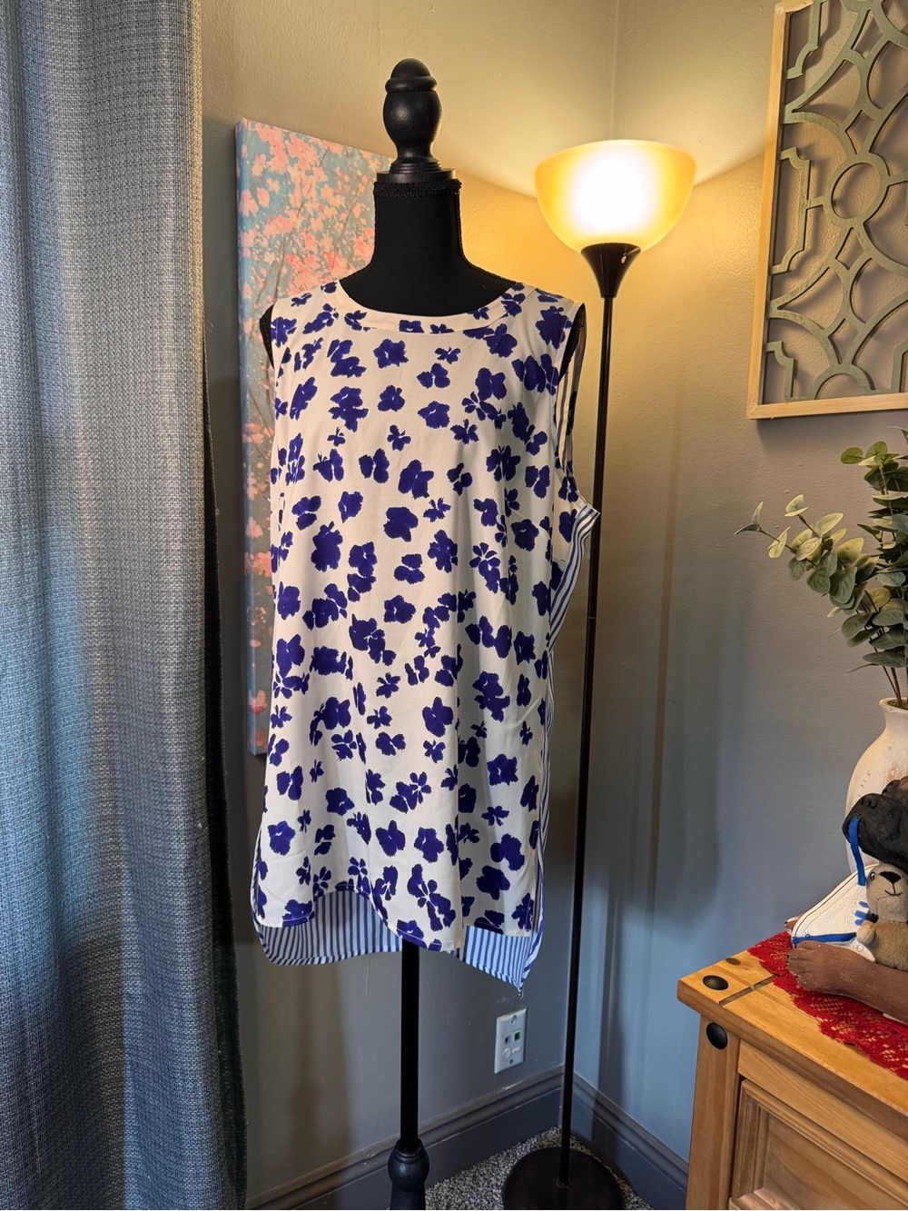 Cabi White Sleeveless Top with Royal Blue Floral & Stripe Detail